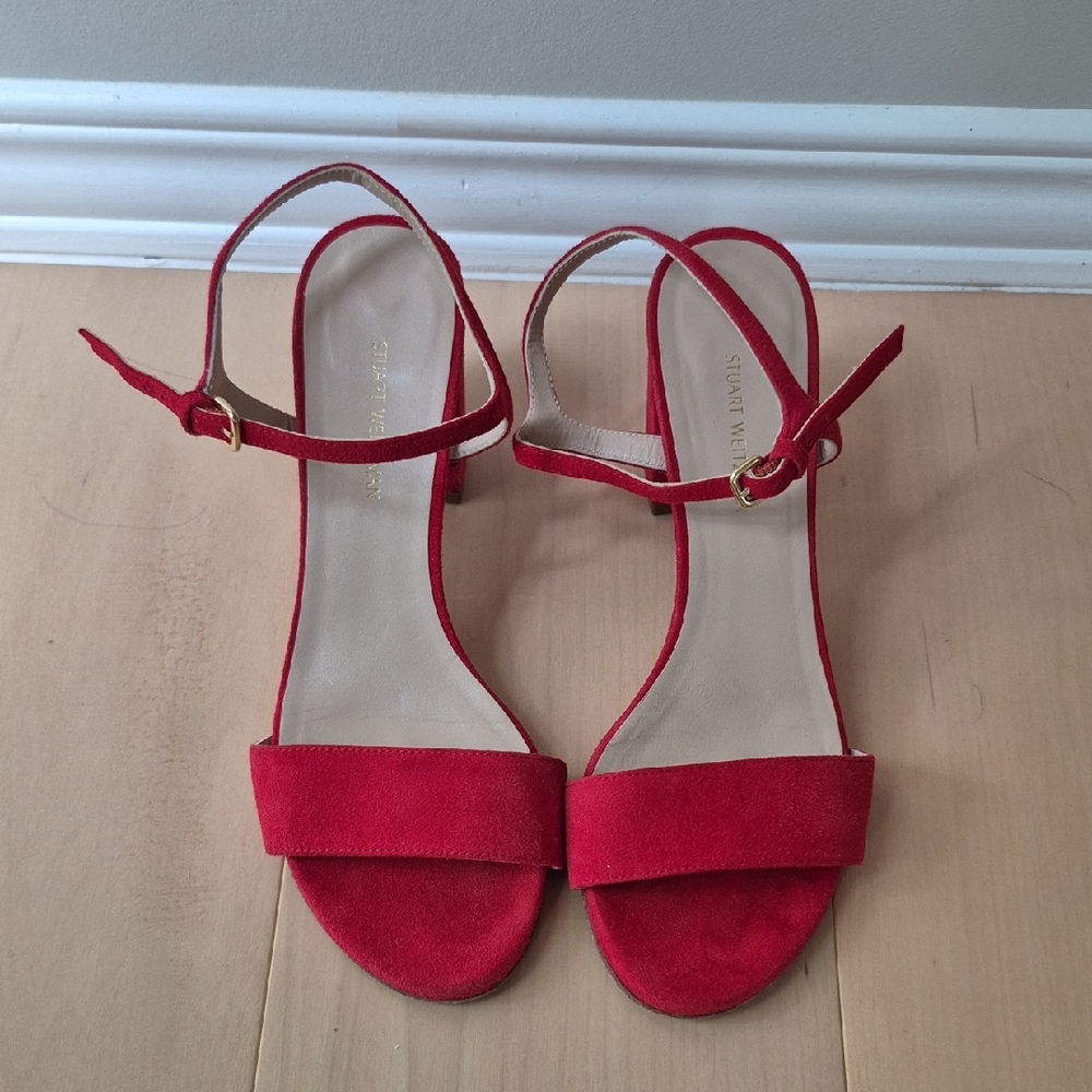 Stuary Weitzman Red Suede Block Heel Sandals Size 7